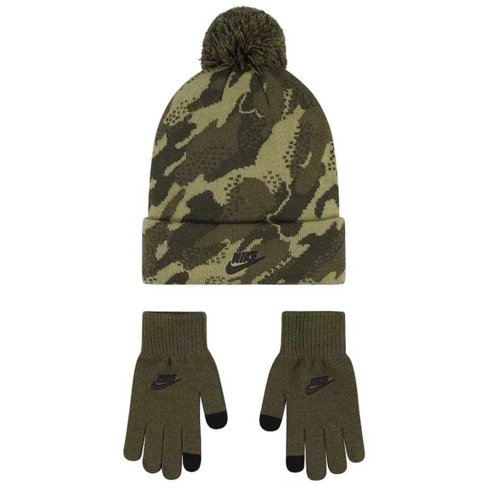 NEW Youth Boys 8-20 Nike Green Camo Pom Beanie Hat & Gloves Set